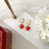 Tiny Strawberry huggie hoops Earrings, Strawberry Heart Charm Pendant, Cute Berry Fruit Earrings